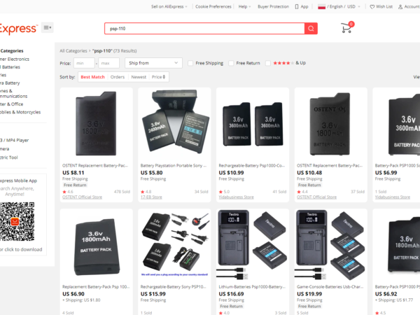 Aliexpress - wyszukiwanie baterii PSP-110